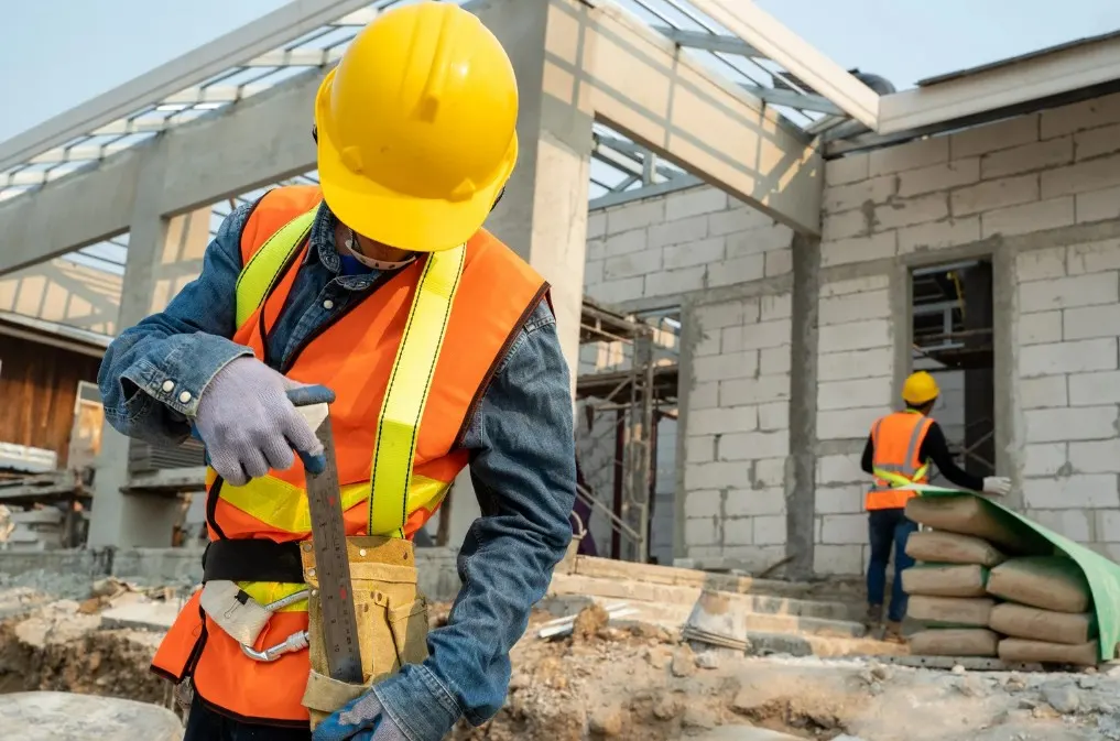 Encargado tomando medidas en la obra de construcción de una vivienda unifamiliar
