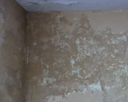 Mancha de humedad extensa en la esquina de una pared y el techo con enfoscado deteriorado, vivienda en Armunia