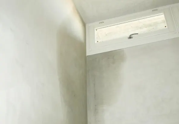 Mancha de humedad por condensación en el encuentro de pared y techo junto a una ventana, vivienda en Navatejera