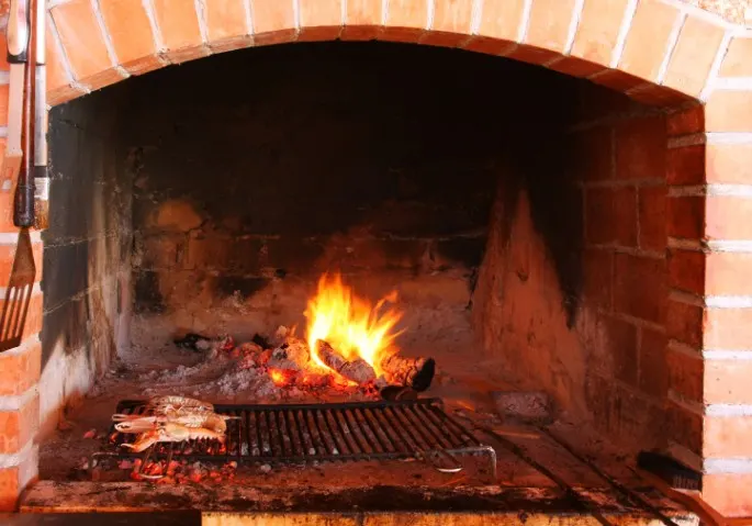 Interior de una barbacoa de ladrillo con fuego de leña encendido y pescado en la parrilla, San Andrés del Rabanedo