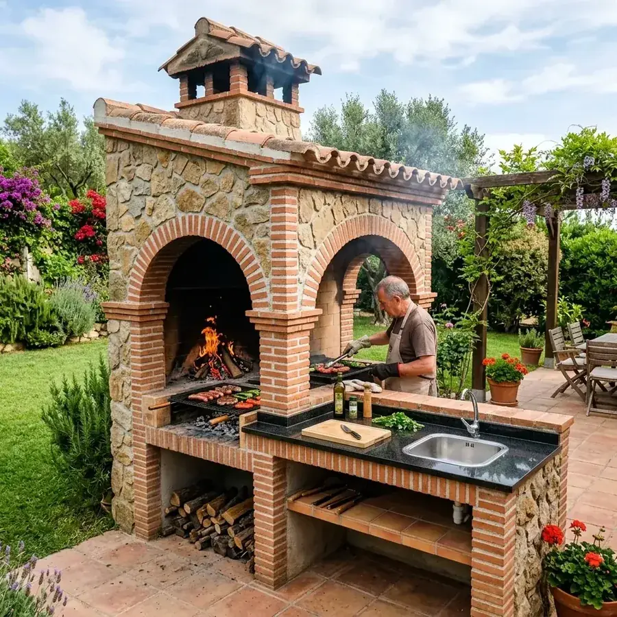 Barbacoa de obra con horno de ladrillo y piedra en un jardín