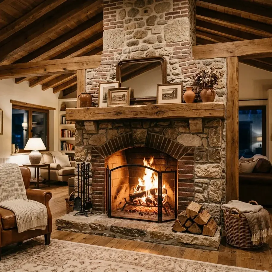 Salón reformado con chimenea de piedra y vigas de madera vistas