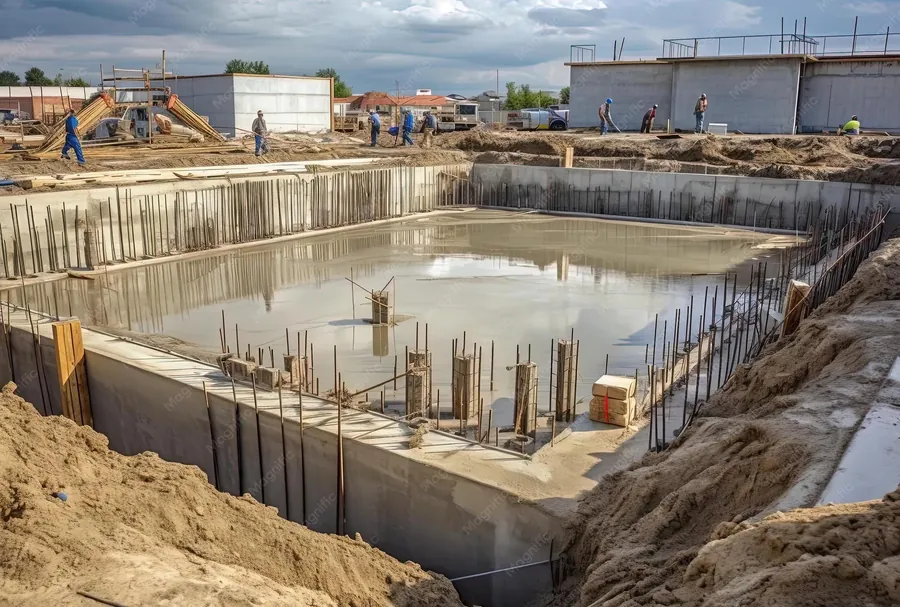 Excavación con losa de cimentación en ejecución para una edificación