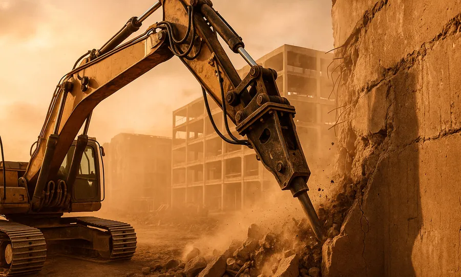 Excavadora con martillo hidráulico derribando una estructura de hormigón