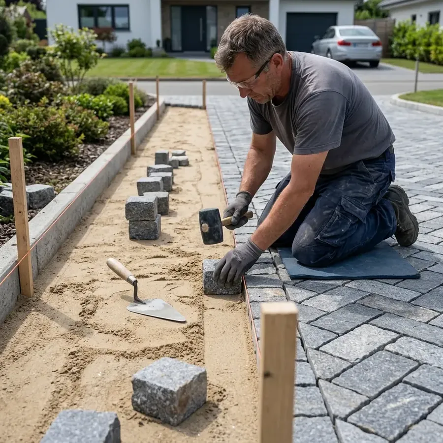 Operario colocando adoquines en un pavimento exterior